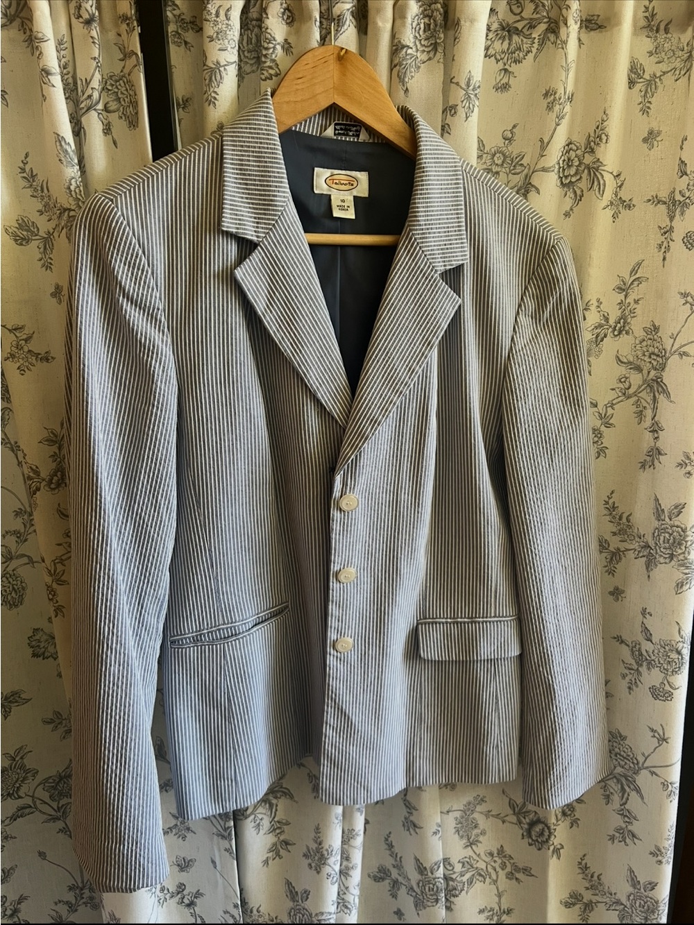 Vintage Talbots Italian Fabric Blue White Striped Blazer Jacket Size 10